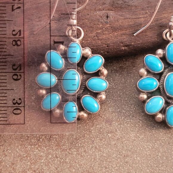 Sterling Zuni Native American Sleeping Beauty Blue Turquoise Drop Earrings - Picture 6 of 8